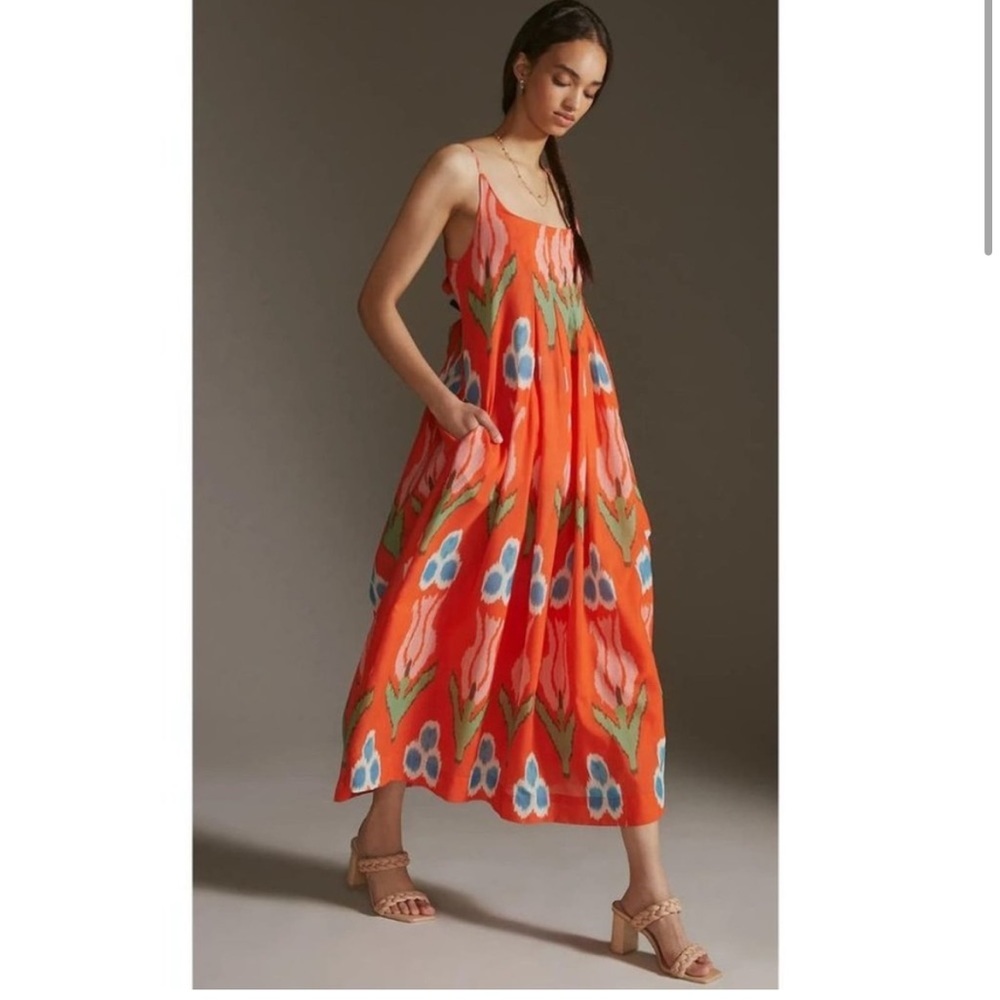 Anthropologie Orange ikat floral Maxi Dress